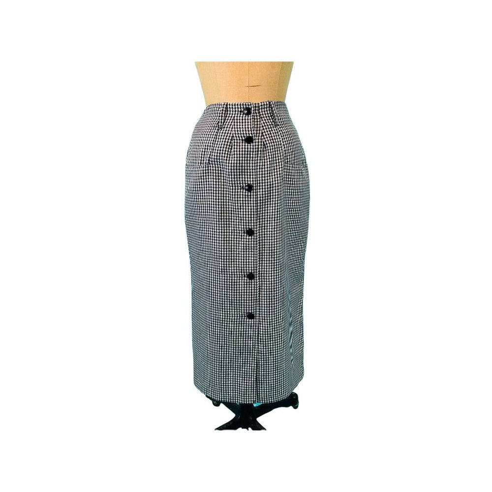 Vintage 1960s Long Mod Skirt Checkered Black White Button Down | W 25"